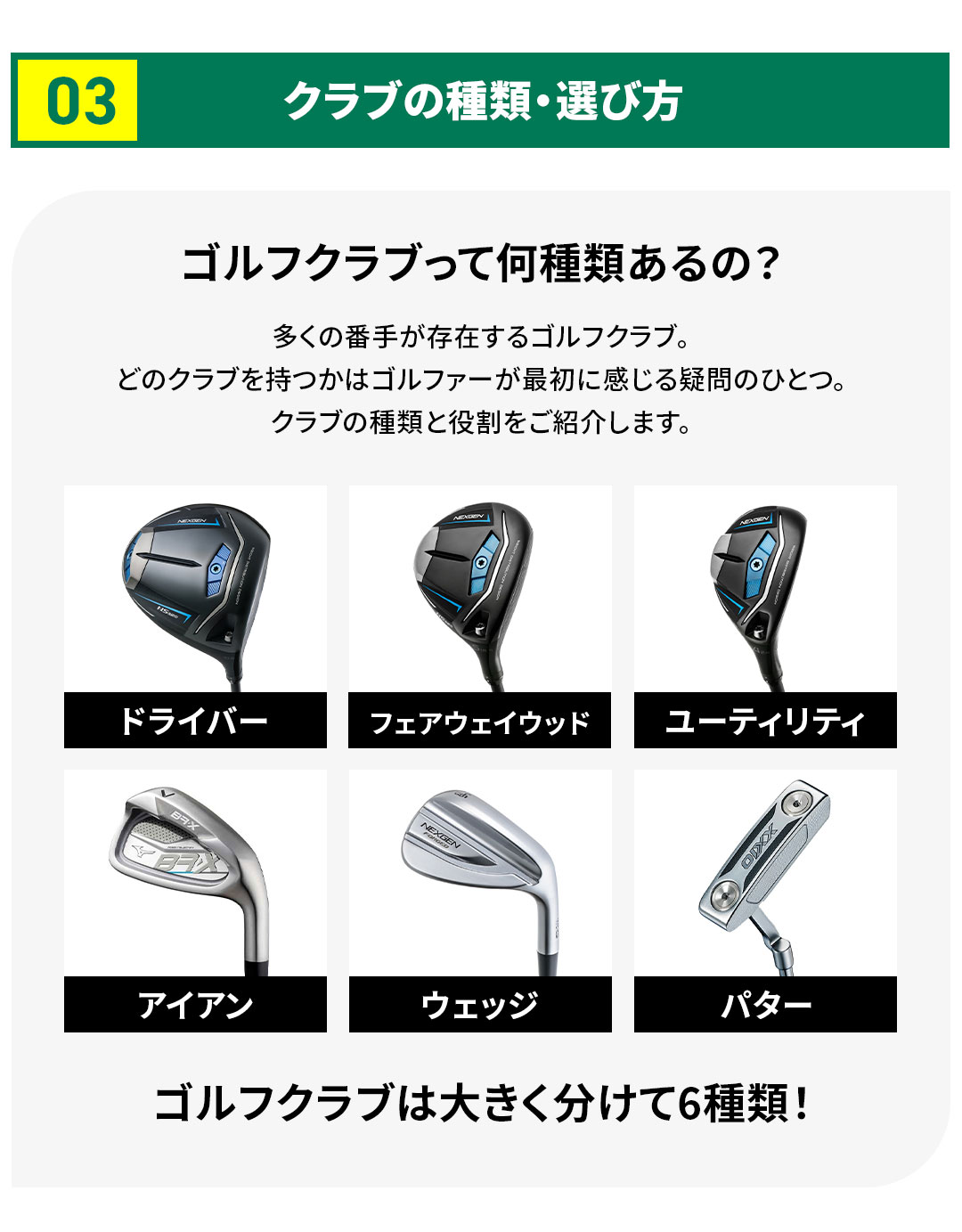 �S���t�N���u���ĉ���ނ���́H�����̔Ԏ肪���݂���S���t�N���u�B�ǂ̃N���u�������̓S���t�@�[���ŏ��Ɋ�����^��̂ЂƂB�N���u�̎�ނƖ��������Љ�܂��B�S���t�N���u�͑傫��������6��ށI